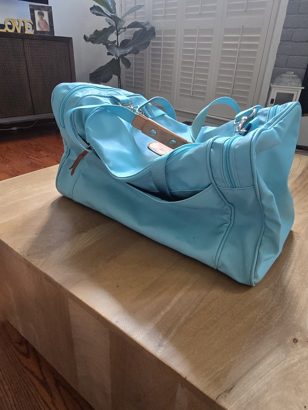 Jon Hart Design Medium Square Duffel Bag Aqua Blue Travel Weekender BCT Monogram - Picture 13 of 14